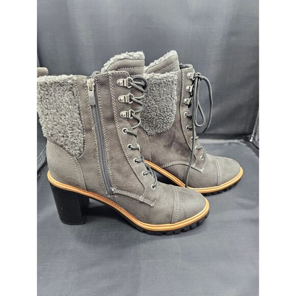 NEW NINE WEST PERRY WOMENS HEEL ANKLE BOOTS LACE ZIP FAUX FUR LINING SIZE 9.5 - Picture 3 of 4